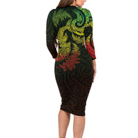 New Zealand Sea Animals with Maori Tribal Tattoo Family Matching Long Sleeve Bodycon Dress and Hawaiian Shirt Shark Manta Ray with Silver Fern Reggae