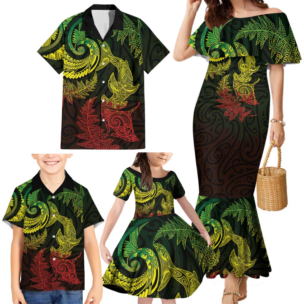 New Zealand Sea Animals with Maori Tribal Tattoo Family Matching Mermaid Dress and Hawaiian Shirt Shark Manta Ray with Silver Fern Reggae
