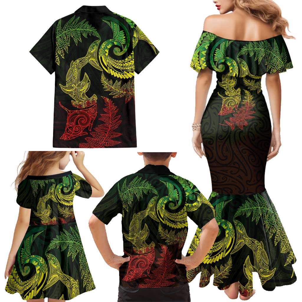 New Zealand Sea Animals with Maori Tribal Tattoo Family Matching Mermaid Dress and Hawaiian Shirt Shark Manta Ray with Silver Fern Reggae