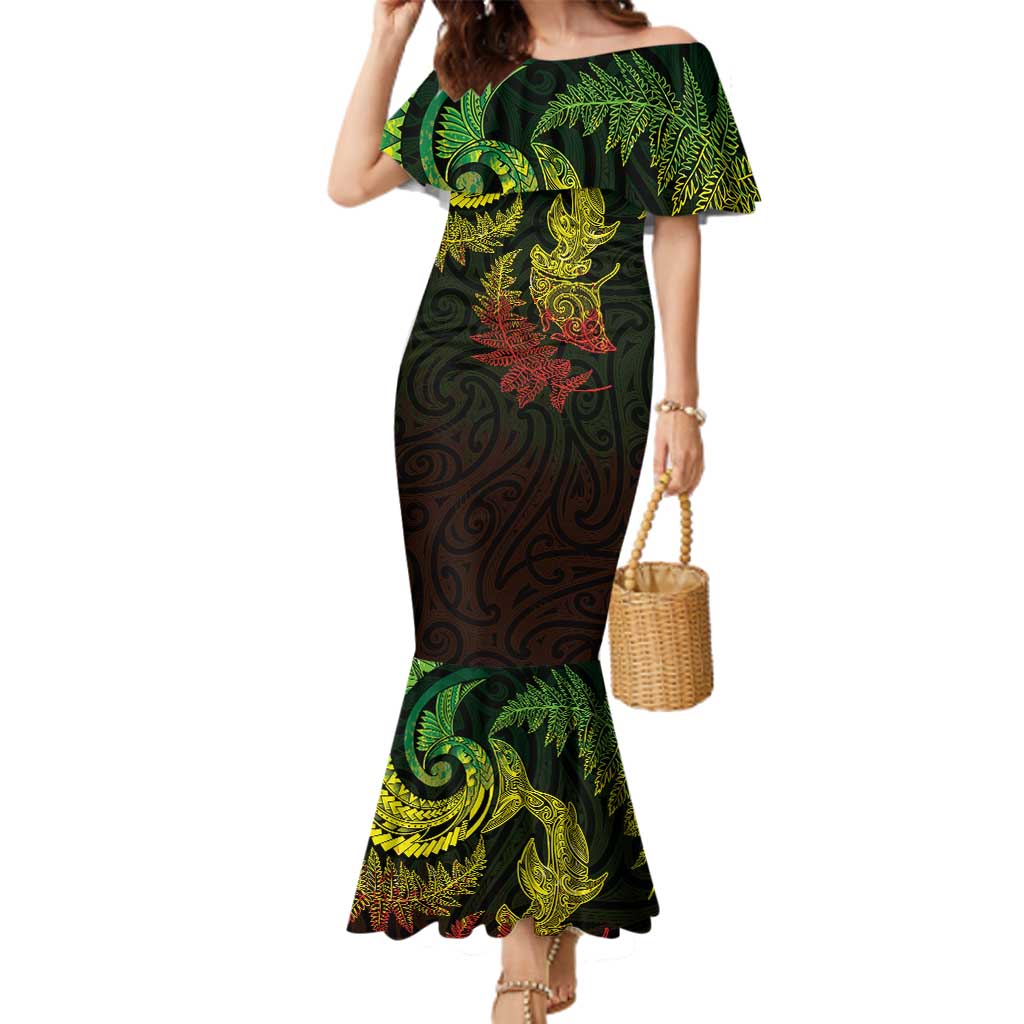 New Zealand Sea Animals with Maori Tribal Tattoo Family Matching Mermaid Dress and Hawaiian Shirt Shark Manta Ray with Silver Fern Reggae