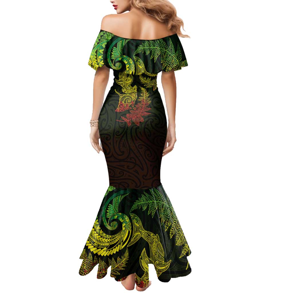 New Zealand Sea Animals with Maori Tribal Tattoo Family Matching Mermaid Dress and Hawaiian Shirt Shark Manta Ray with Silver Fern Reggae