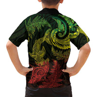 New Zealand Sea Animals with Maori Tribal Tattoo Family Matching Off The Shoulder Long Sleeve Dress and Hawaiian Shirt Shark Manta Ray with Silver Fern Reggae