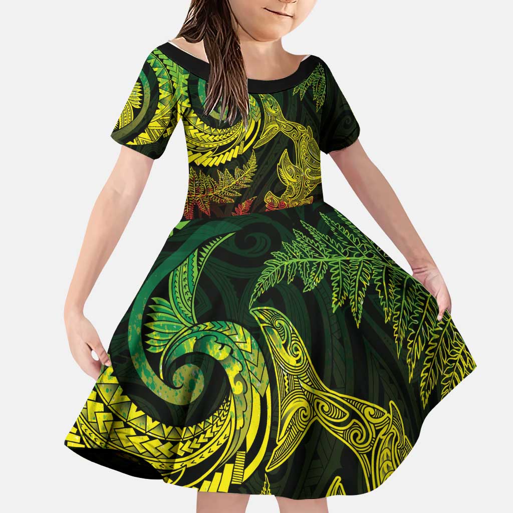 New Zealand Sea Animals with Maori Tribal Tattoo Family Matching Off The Shoulder Long Sleeve Dress and Hawaiian Shirt Shark Manta Ray with Silver Fern Reggae