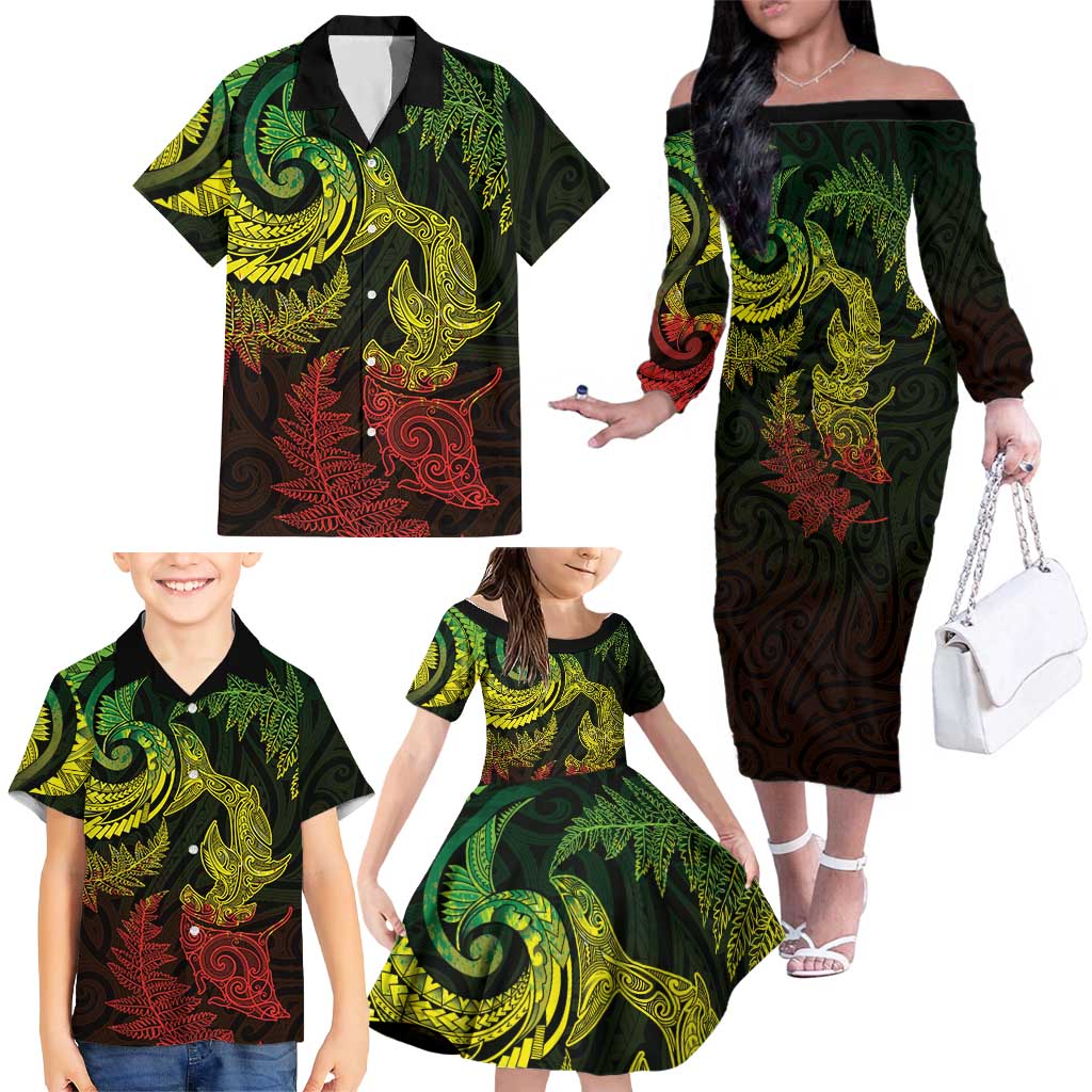 New Zealand Sea Animals with Maori Tribal Tattoo Family Matching Off The Shoulder Long Sleeve Dress and Hawaiian Shirt Shark Manta Ray with Silver Fern Reggae