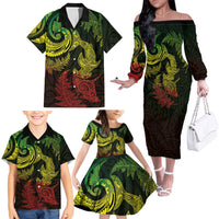 New Zealand Sea Animals with Maori Tribal Tattoo Family Matching Off The Shoulder Long Sleeve Dress and Hawaiian Shirt Shark Manta Ray with Silver Fern Reggae