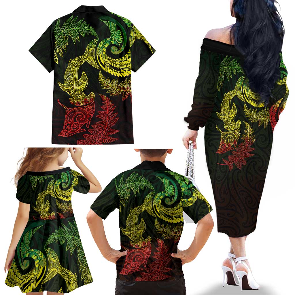 New Zealand Sea Animals with Maori Tribal Tattoo Family Matching Off The Shoulder Long Sleeve Dress and Hawaiian Shirt Shark Manta Ray with Silver Fern Reggae