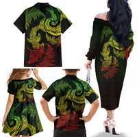 New Zealand Sea Animals with Maori Tribal Tattoo Family Matching Off The Shoulder Long Sleeve Dress and Hawaiian Shirt Shark Manta Ray with Silver Fern Reggae