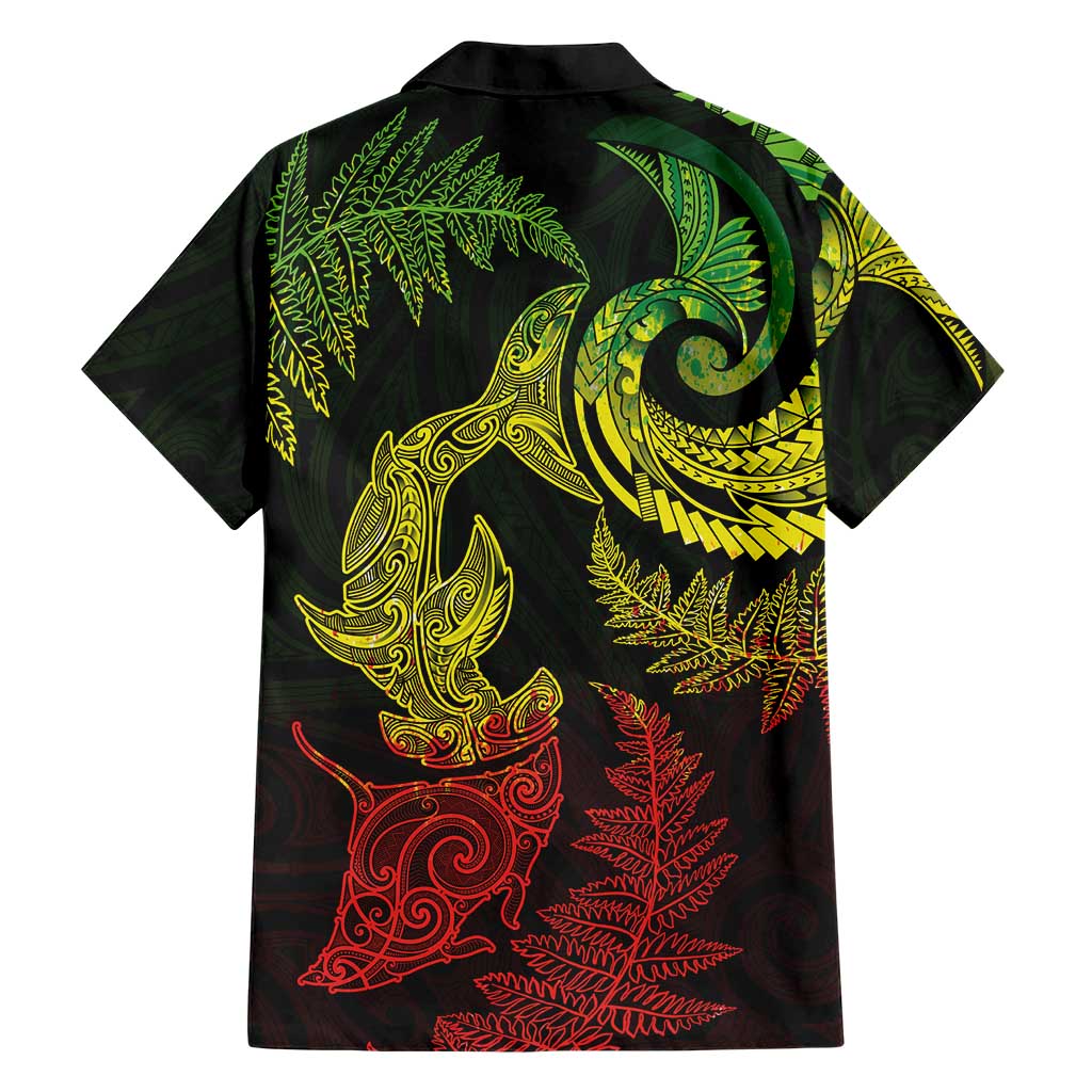 New Zealand Sea Animals with Maori Tribal Tattoo Family Matching Off The Shoulder Long Sleeve Dress and Hawaiian Shirt Shark Manta Ray with Silver Fern Reggae