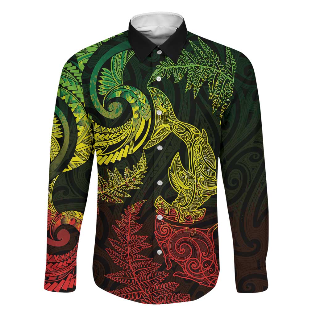 New Zealand Sea Animals with Maori Tribal Tattoo Family Matching Off The Shoulder Long Sleeve Dress and Hawaiian Shirt Shark Manta Ray with Silver Fern Reggae