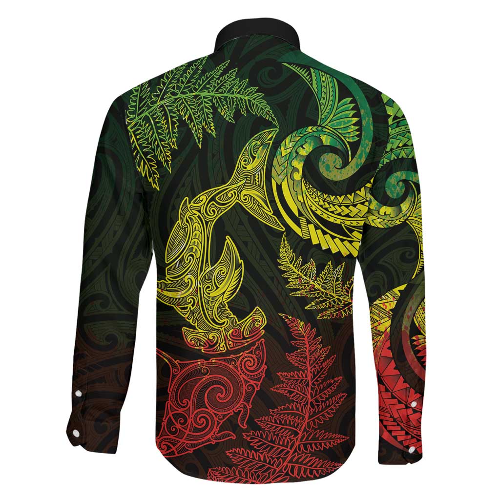 New Zealand Sea Animals with Maori Tribal Tattoo Family Matching Off The Shoulder Long Sleeve Dress and Hawaiian Shirt Shark Manta Ray with Silver Fern Reggae