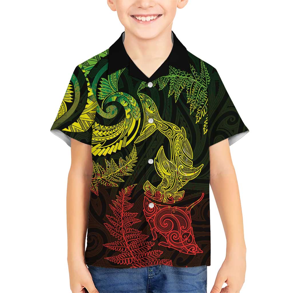 New Zealand Sea Animals with Maori Tribal Tattoo Family Matching Off The Shoulder Long Sleeve Dress and Hawaiian Shirt Shark Manta Ray with Silver Fern Reggae