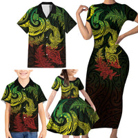 New Zealand Sea Animals with Maori Tribal Tattoo Family Matching Short Sleeve Bodycon Dress and Hawaiian Shirt Shark Manta Ray with Silver Fern Reggae