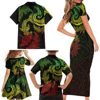 New Zealand Sea Animals with Maori Tribal Tattoo Family Matching Short Sleeve Bodycon Dress and Hawaiian Shirt Shark Manta Ray with Silver Fern Reggae