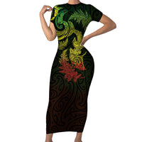 New Zealand Sea Animals with Maori Tribal Tattoo Family Matching Short Sleeve Bodycon Dress and Hawaiian Shirt Shark Manta Ray with Silver Fern Reggae