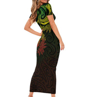 New Zealand Sea Animals with Maori Tribal Tattoo Family Matching Short Sleeve Bodycon Dress and Hawaiian Shirt Shark Manta Ray with Silver Fern Reggae