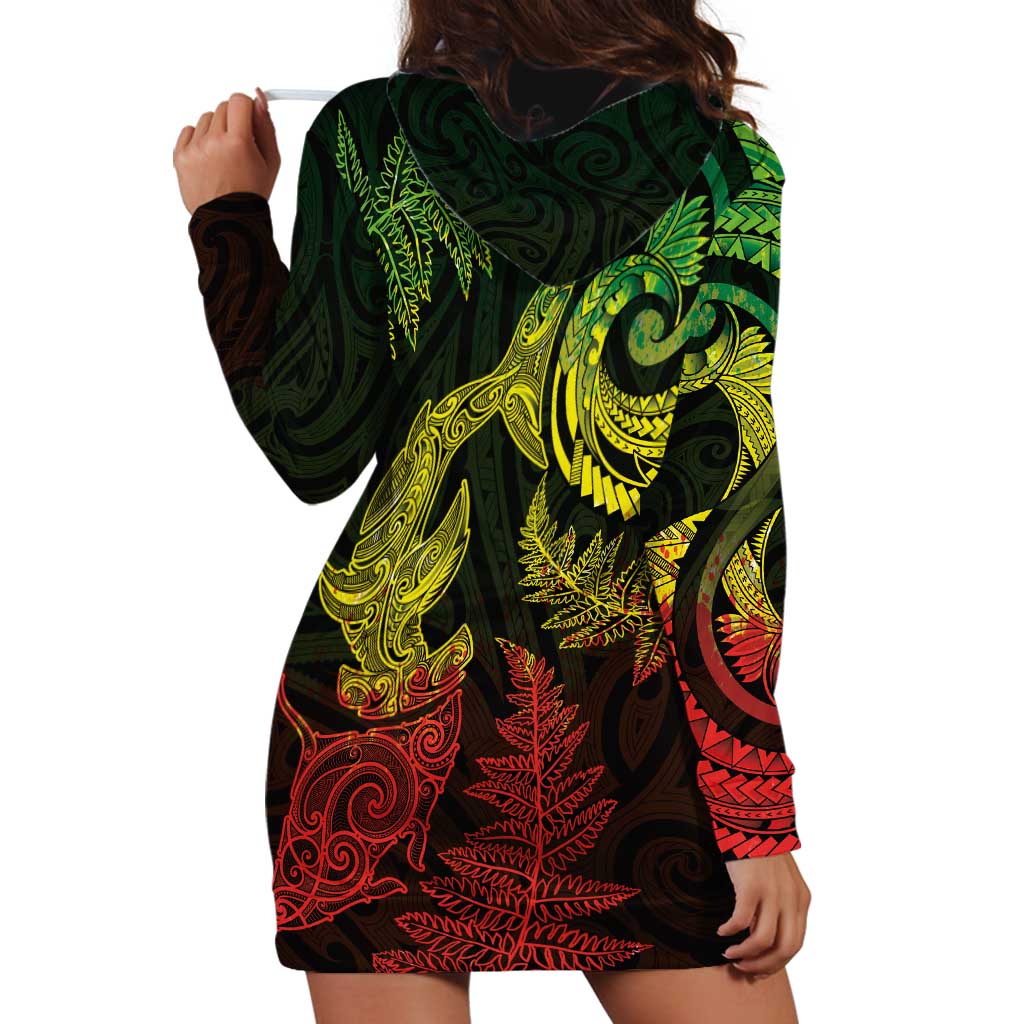 New Zealand Sea Animals with Maori Tribal Tattoo Hoodie Dress Shark Manta Ray with Silver Fern Reggae
