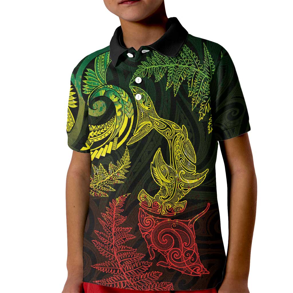 New Zealand Sea Animals with Maori Tribal Tattoo Kid Polo Shirt Shark Manta Ray with Silver Fern Reggae