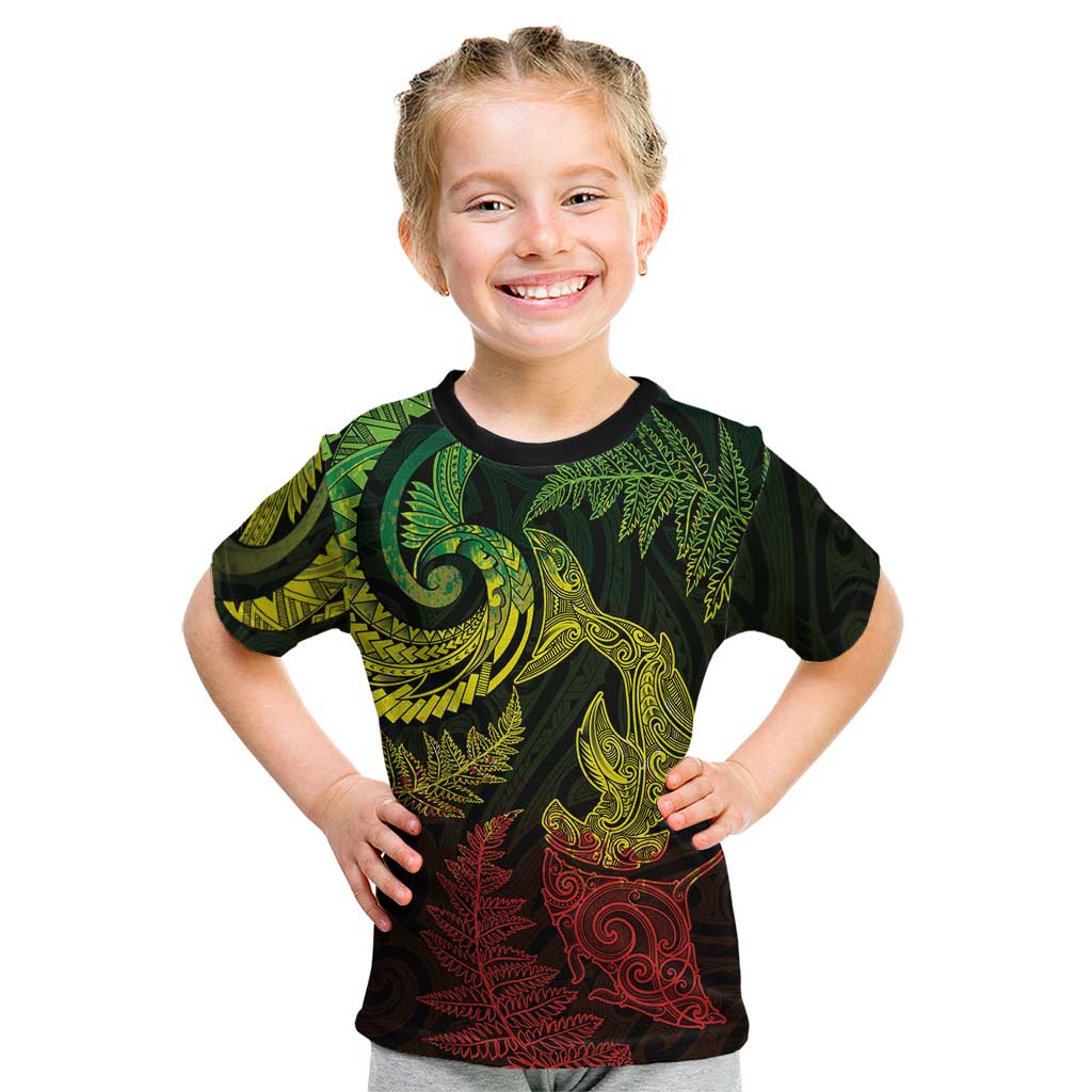 New Zealand Sea Animals with Maori Tribal Tattoo Kid T Shirt Shark Manta Ray with Silver Fern Reggae