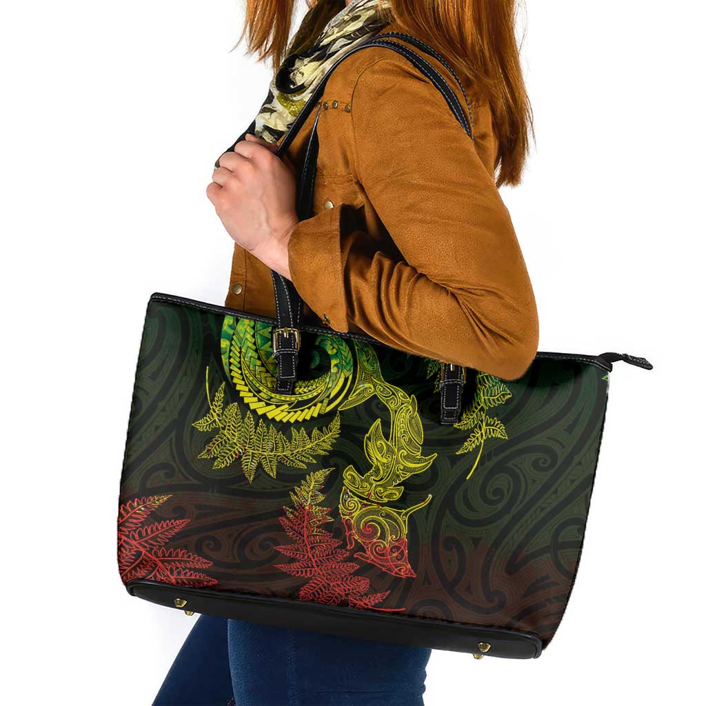 New Zealand Sea Animals with Maori Tribal Tattoo Leather Tote Bag Shark Manta Ray with Silver Fern Reggae