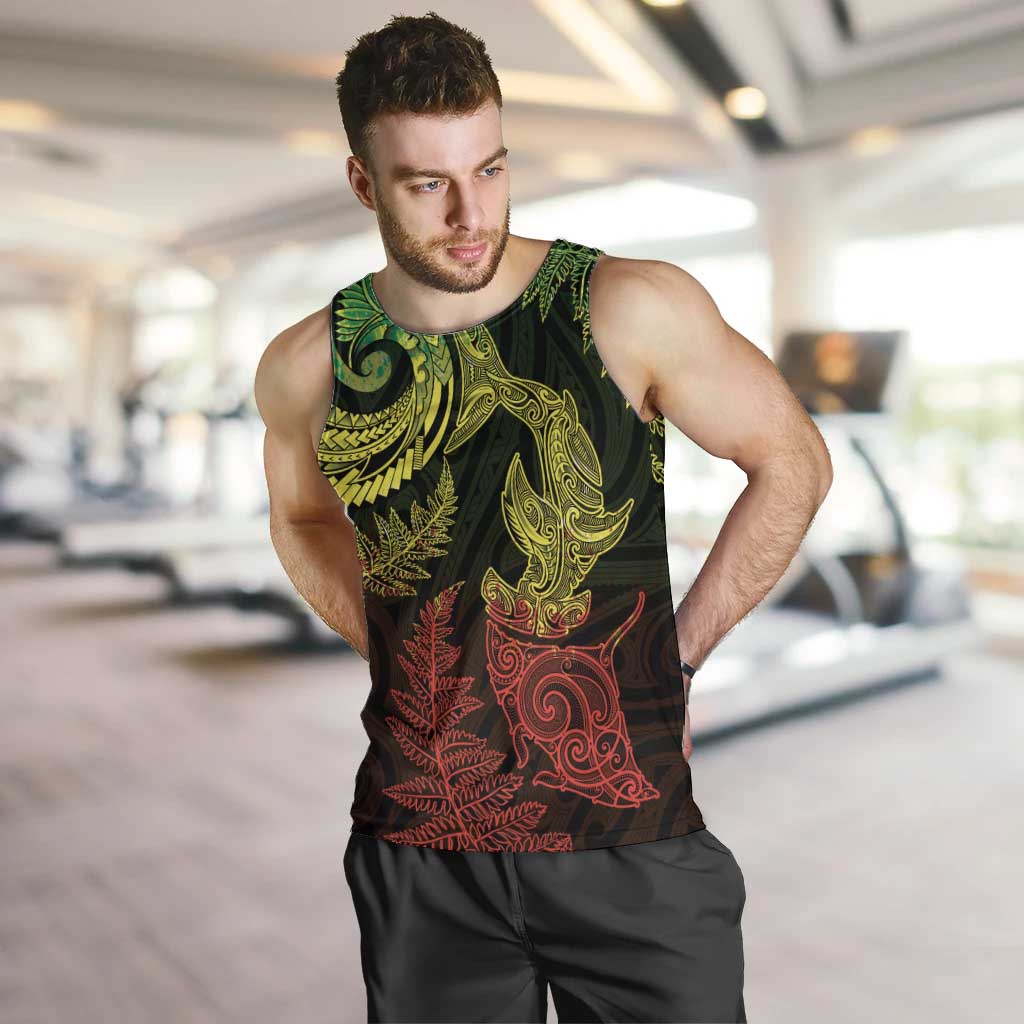 New Zealand Sea Animals with Maori Tribal Tattoo Men Tank Top Shark Manta Ray with Silver Fern Reggae