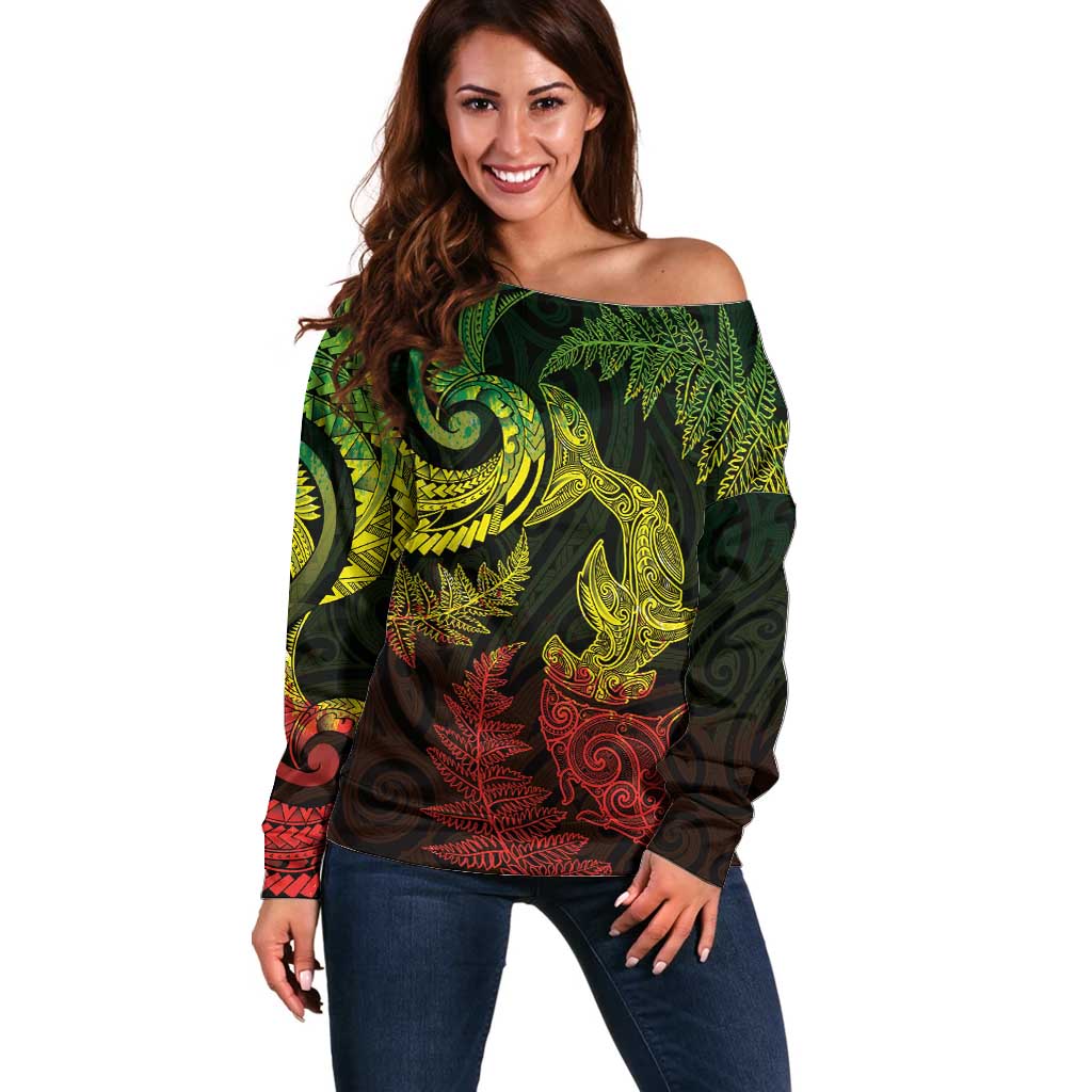 New Zealand Sea Animals with Maori Tribal Tattoo Off Shoulder Sweater Shark Manta Ray with Silver Fern Reggae