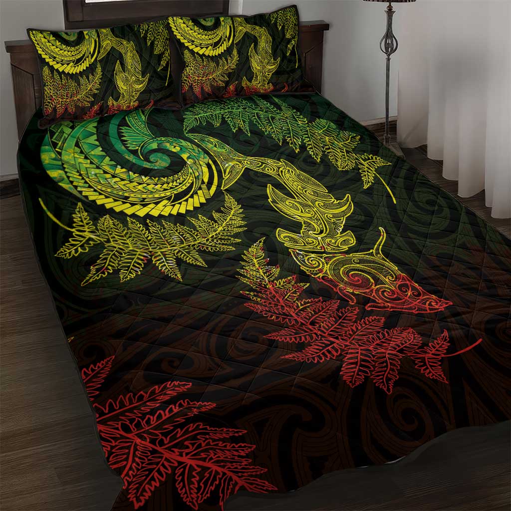New Zealand Sea Animals with Maori Tribal Tattoo Quilt Bed Set Shark Manta Ray with Silver Fern Reggae