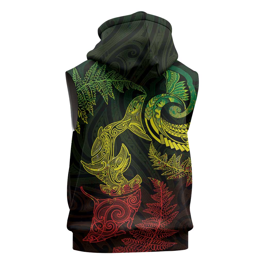 New Zealand Sea Animals with Maori Tribal Tattoo Sleeveless Hoodie Shark Manta Ray with Silver Fern Reggae