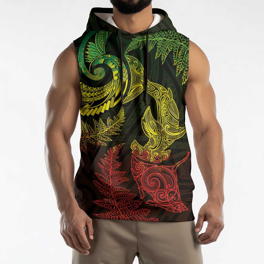 New Zealand Sea Animals with Maori Tribal Tattoo Sleeveless Hoodie Shark Manta Ray with Silver Fern Reggae