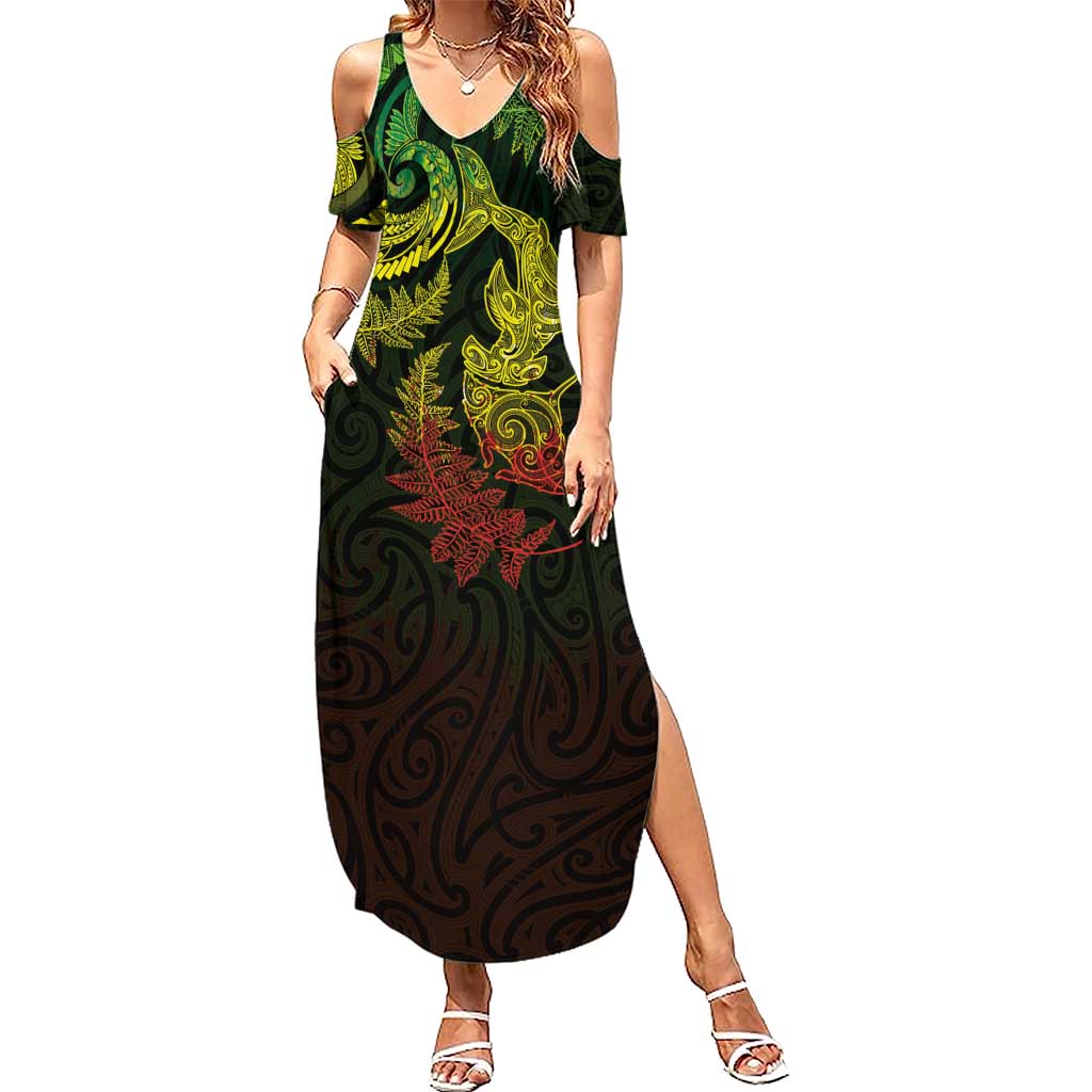 New Zealand Sea Animals with Maori Tribal Tattoo Summer Maxi Dress Shark Manta Ray with Silver Fern Reggae