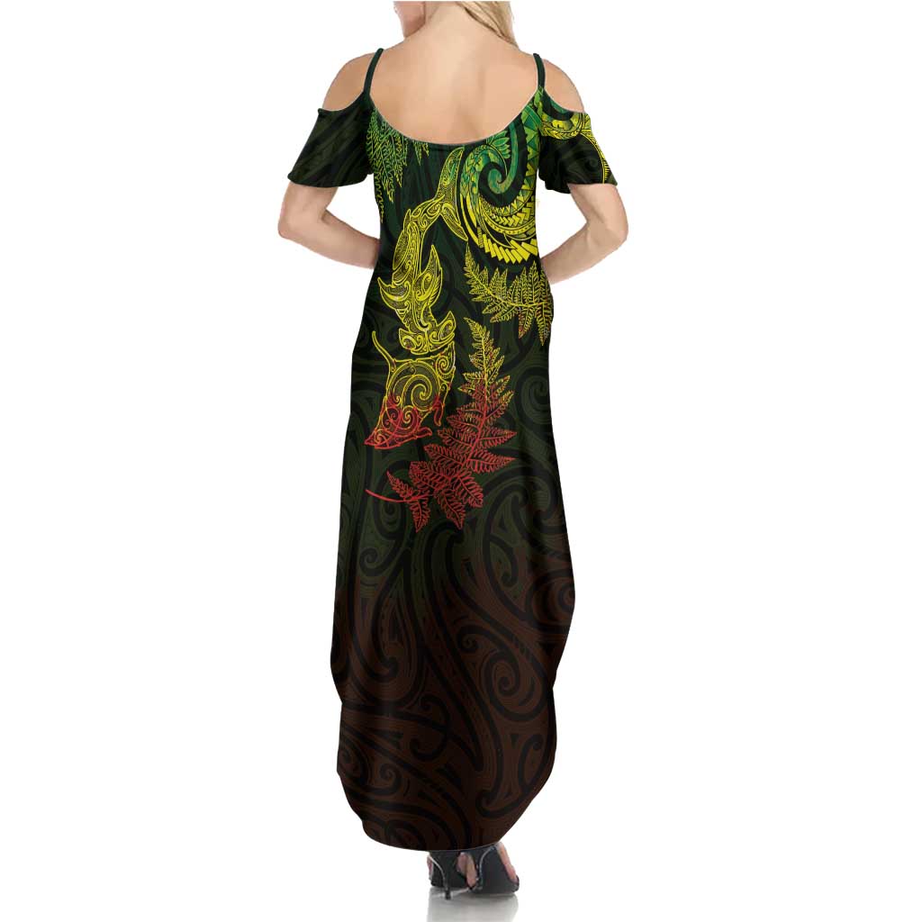 New Zealand Sea Animals with Maori Tribal Tattoo Summer Maxi Dress Shark Manta Ray with Silver Fern Reggae