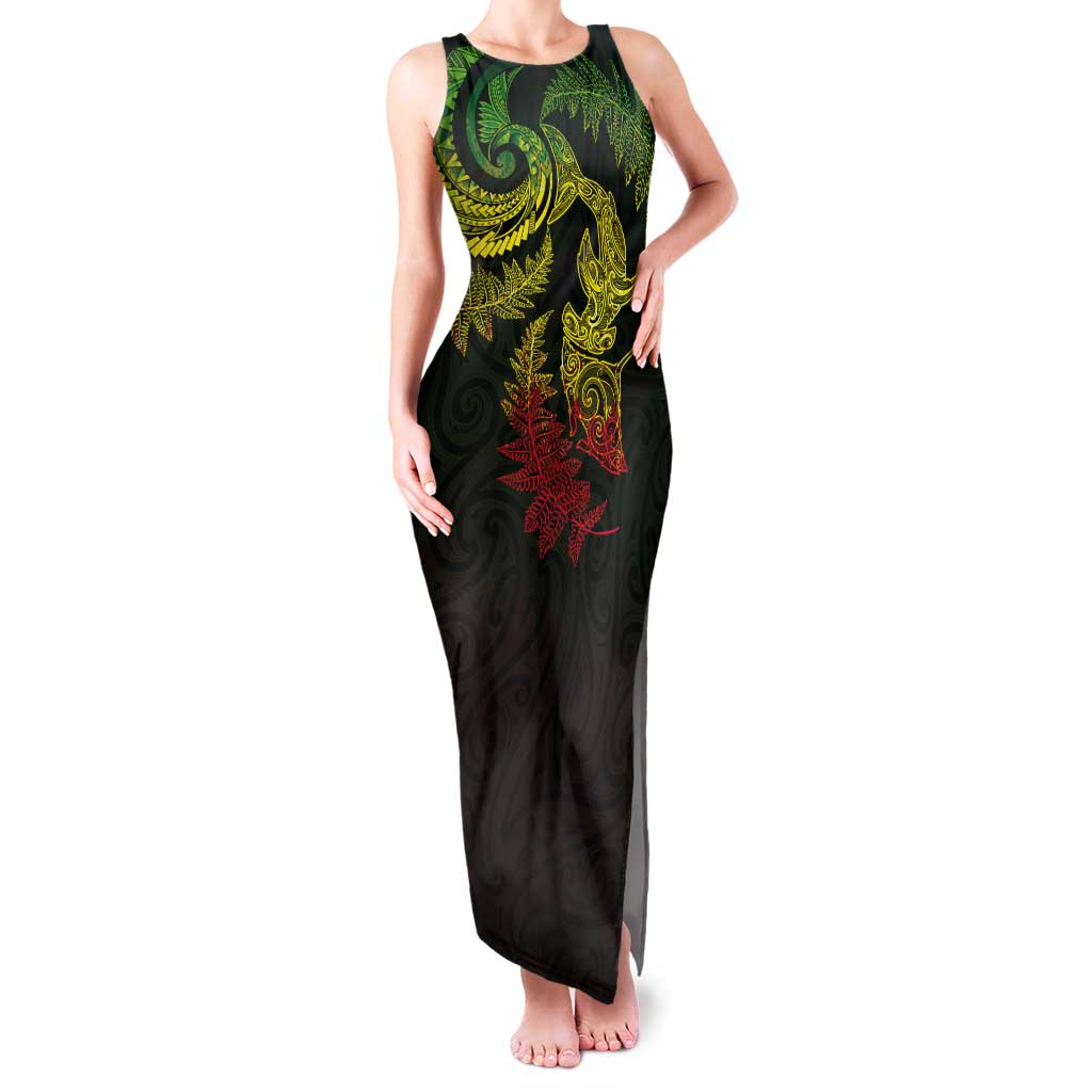 New Zealand Sea Animals with Maori Tribal Tattoo Tank Maxi Dress Shark Manta Ray with Silver Fern Reggae