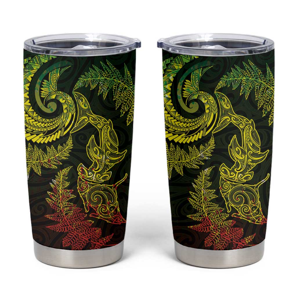 New Zealand Sea Animals with Maori Tribal Tattoo Tumbler Cup Shark Manta Ray with Silver Fern Reggae