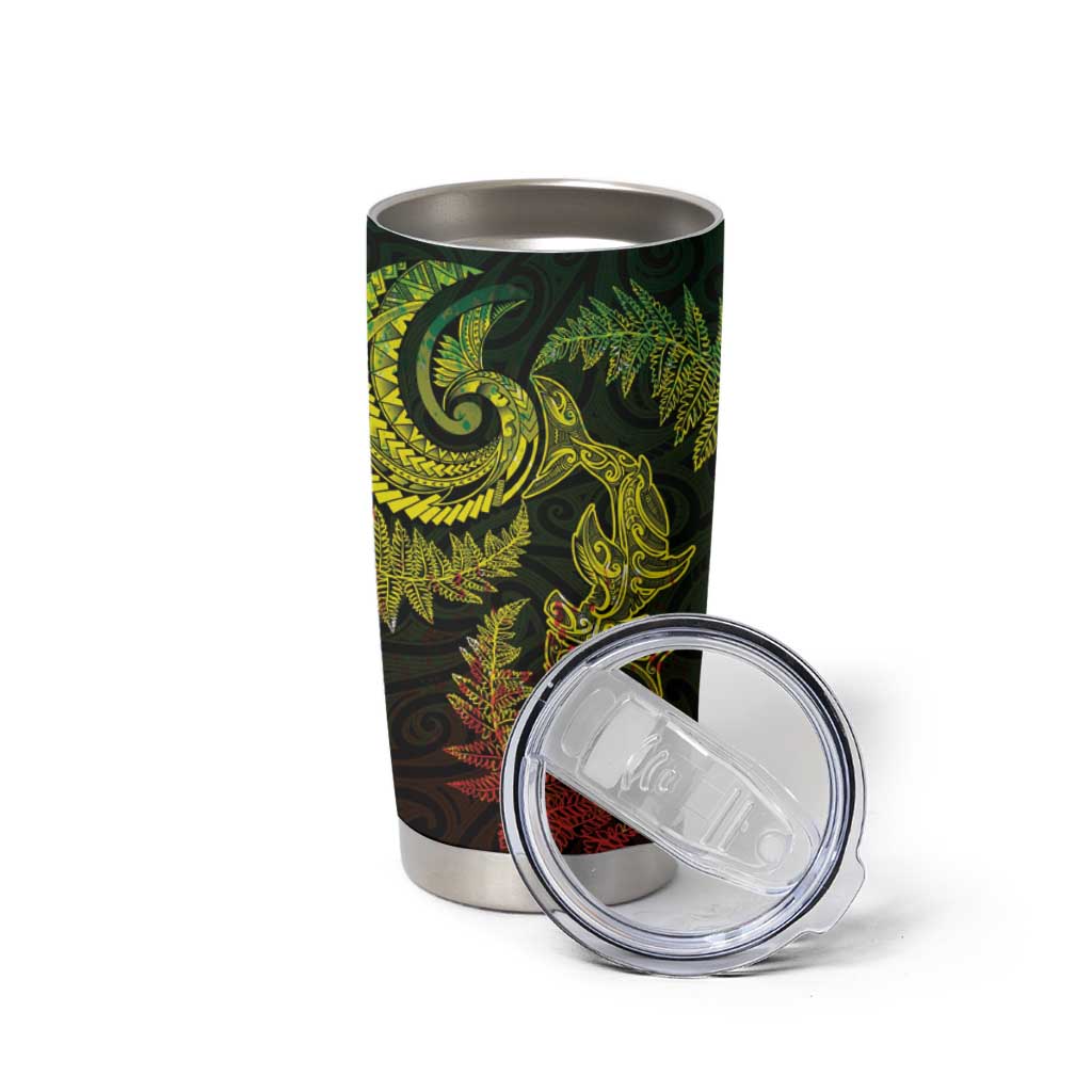 New Zealand Sea Animals with Maori Tribal Tattoo Tumbler Cup Shark Manta Ray with Silver Fern Reggae