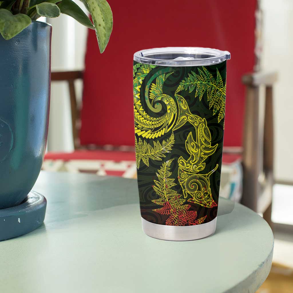 New Zealand Sea Animals with Maori Tribal Tattoo Tumbler Cup Shark Manta Ray with Silver Fern Reggae