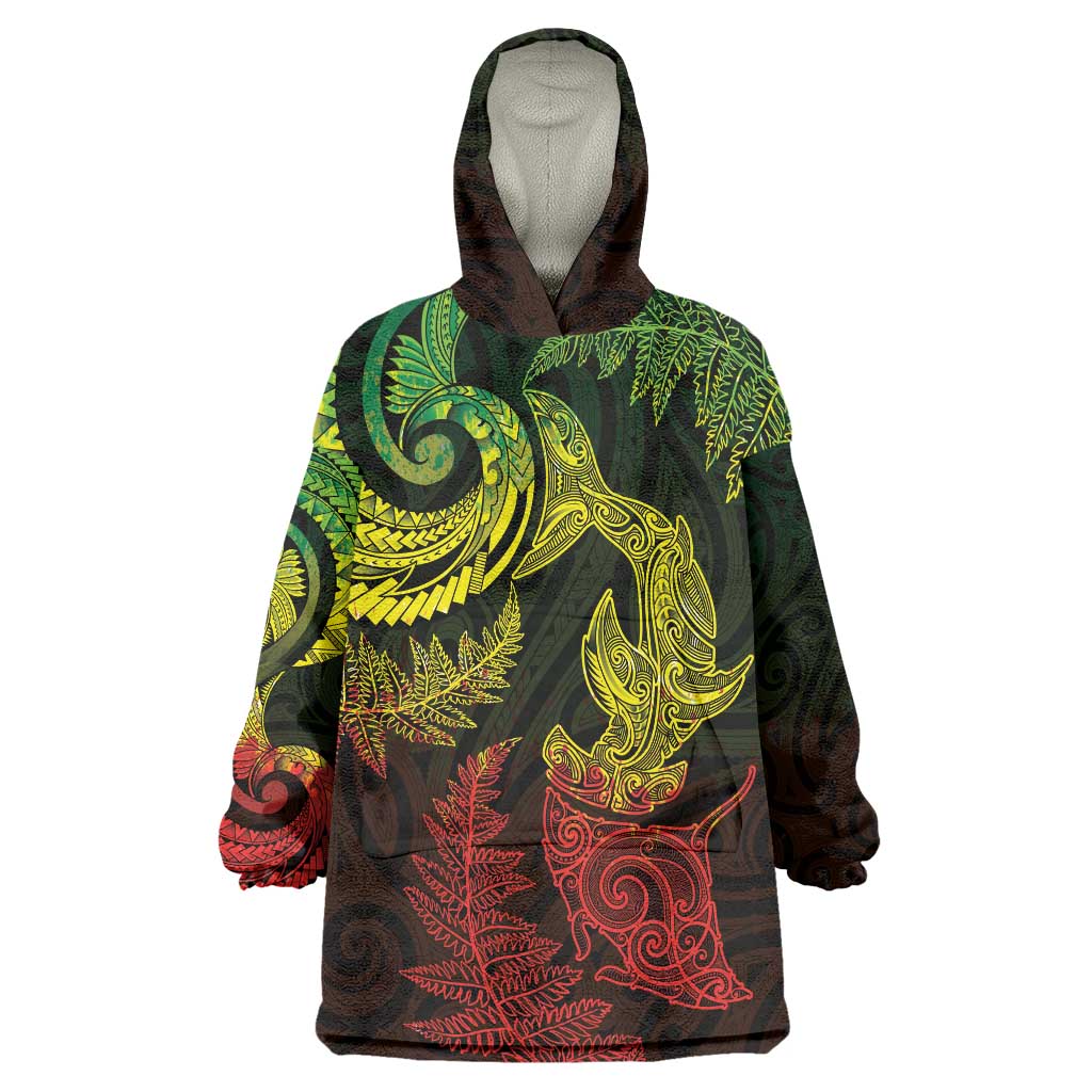 New Zealand Sea Animals with Maori Tribal Tattoo Wearable Blanket Hoodie Shark Manta Ray with Silver Fern Reggae