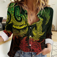 New Zealand Sea Animals with Maori Tribal Tattoo Women Casual Shirt Shark Manta Ray with Silver Fern Reggae