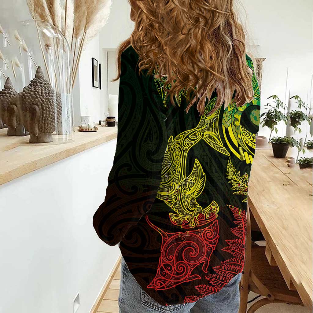 New Zealand Sea Animals with Maori Tribal Tattoo Women Casual Shirt Shark Manta Ray with Silver Fern Reggae