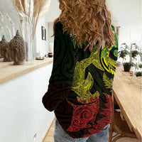 New Zealand Sea Animals with Maori Tribal Tattoo Women Casual Shirt Shark Manta Ray with Silver Fern Reggae
