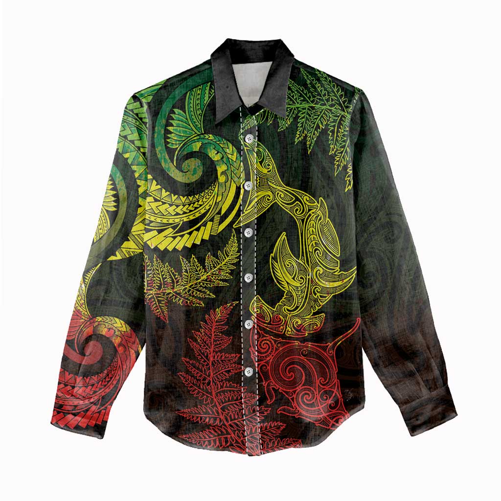 New Zealand Sea Animals with Maori Tribal Tattoo Women Casual Shirt Shark Manta Ray with Silver Fern Reggae