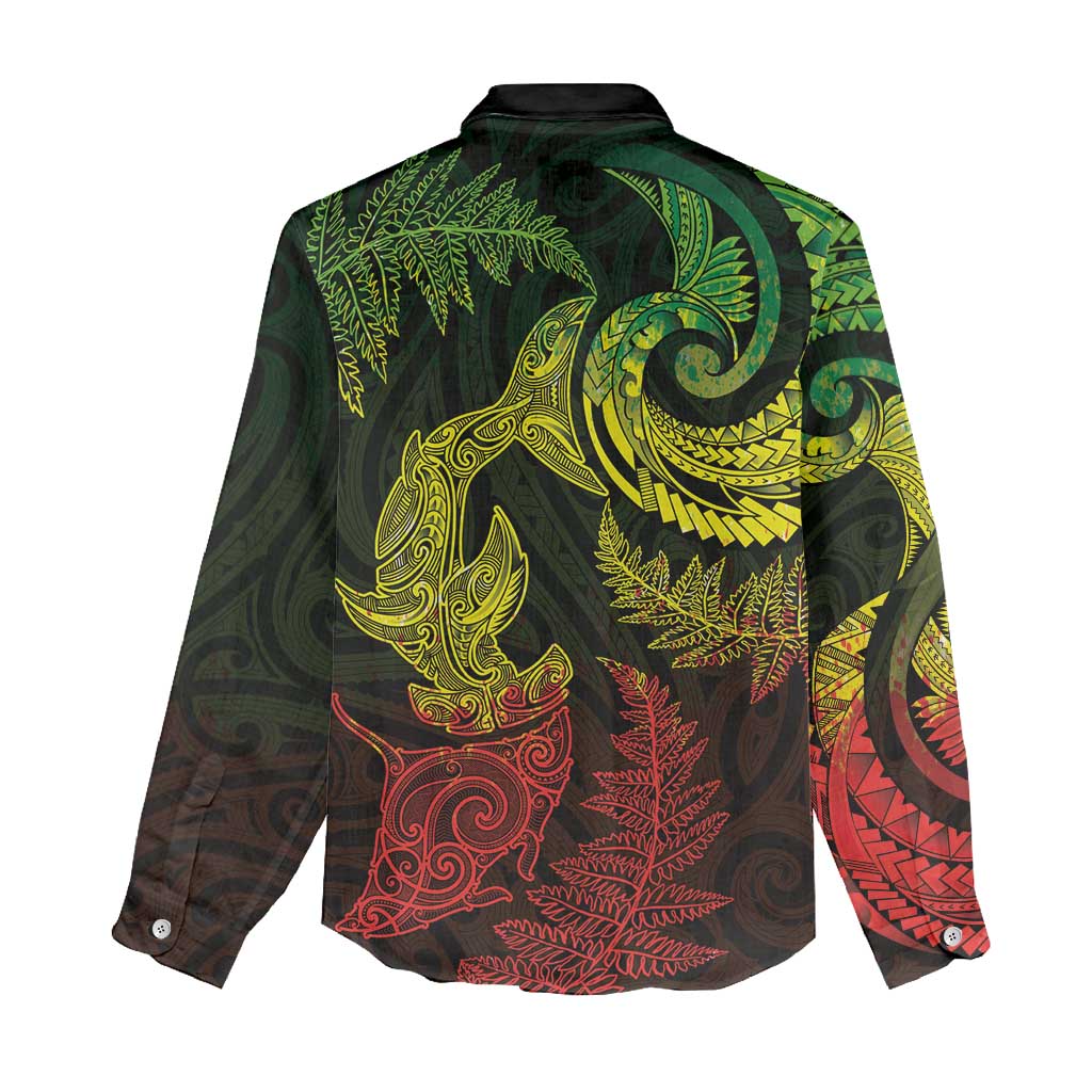 New Zealand Sea Animals with Maori Tribal Tattoo Women Casual Shirt Shark Manta Ray with Silver Fern Reggae