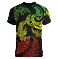 New Zealand Sea Animals with Maori Tribal Tattoo Women V-Neck T-Shirt Shark Manta Ray with Silver Fern Reggae