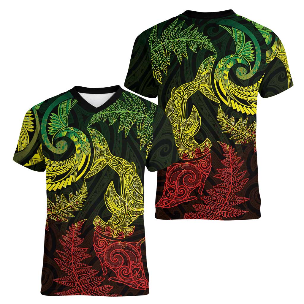 New Zealand Sea Animals with Maori Tribal Tattoo Women V-Neck T-Shirt Shark Manta Ray with Silver Fern Reggae
