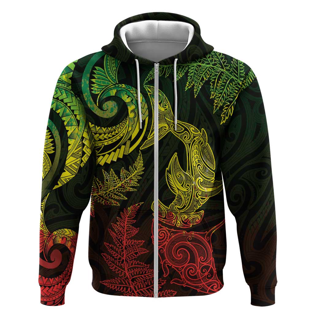 New Zealand Sea Animals with Maori Tribal Tattoo Zip Hoodie Shark Manta Ray with Silver Fern Reggae