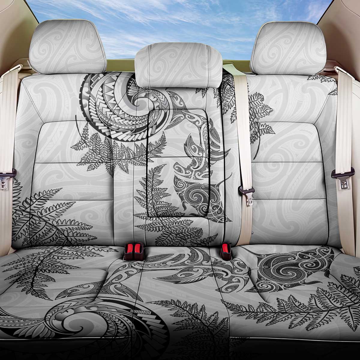 New Zealand Sea Animals with Maori Tribal Tattoo Back Car Seat Cover Shark Manta Ray with Silver Fern White
