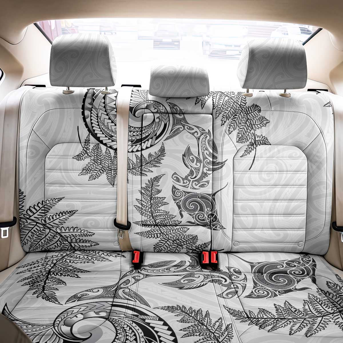 New Zealand Sea Animals with Maori Tribal Tattoo Back Car Seat Cover Shark Manta Ray with Silver Fern White