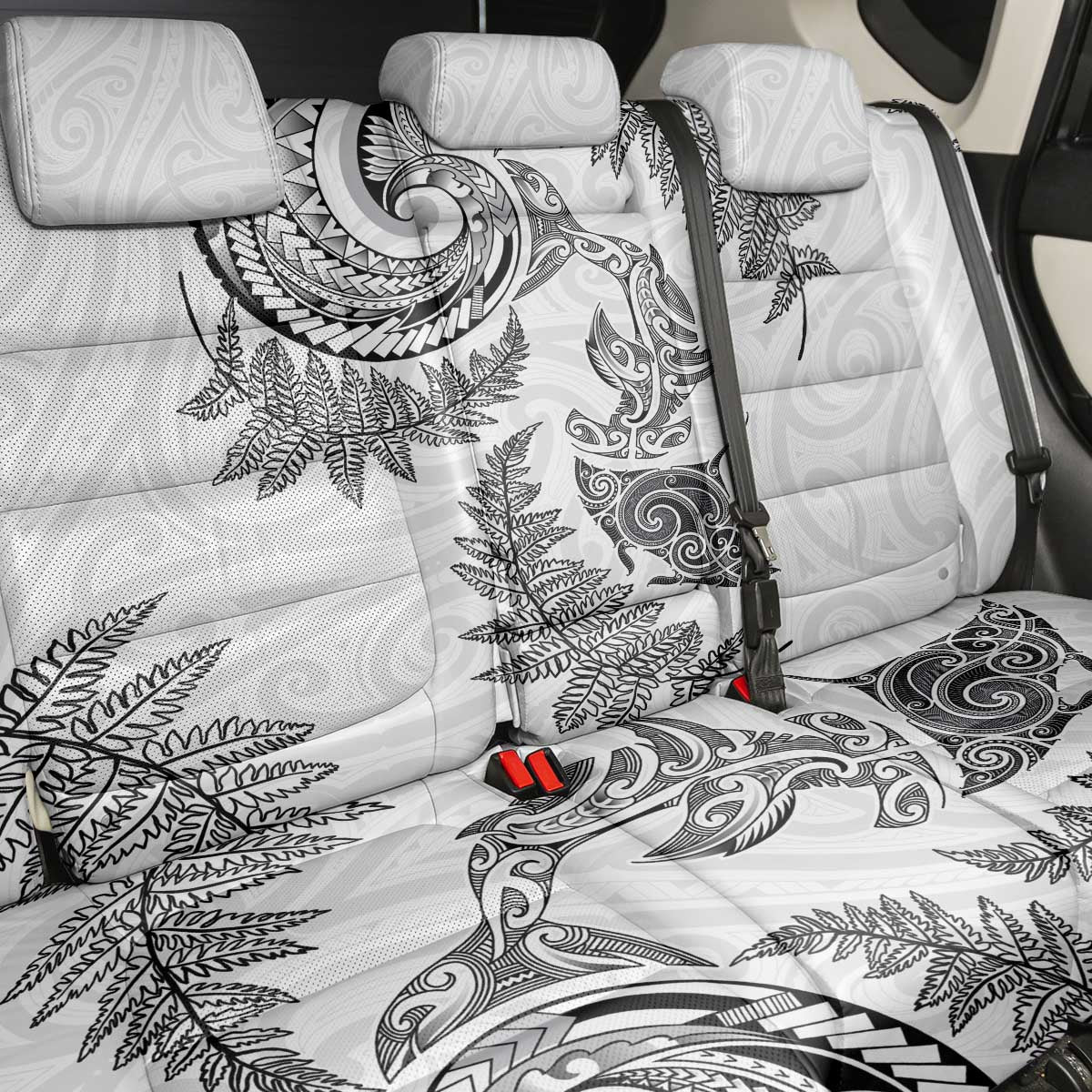 New Zealand Sea Animals with Maori Tribal Tattoo Back Car Seat Cover Shark Manta Ray with Silver Fern White