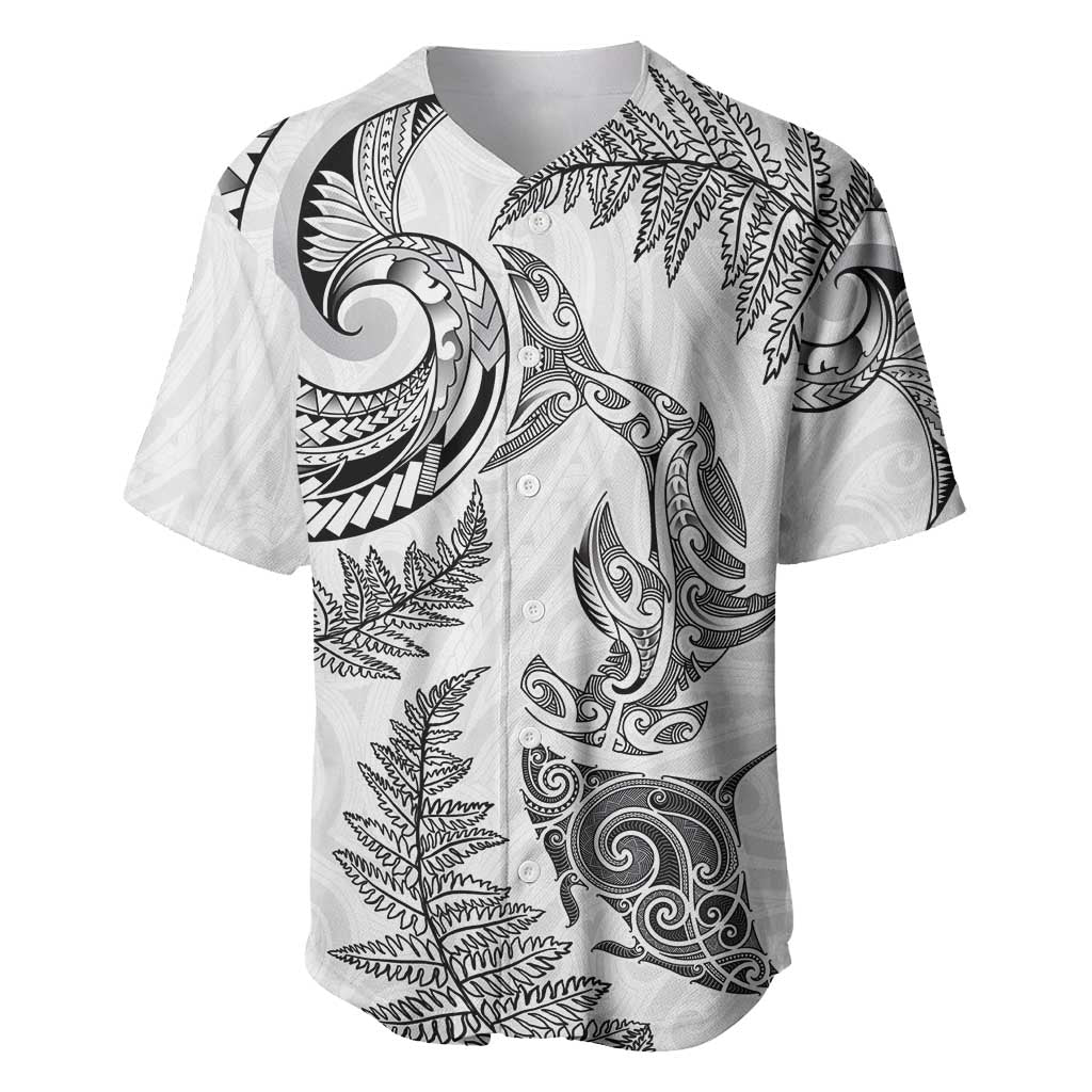 New Zealand Sea Animals with Maori Tribal Tattoo Baseball Jersey Shark Manta Ray with Silver Fern White