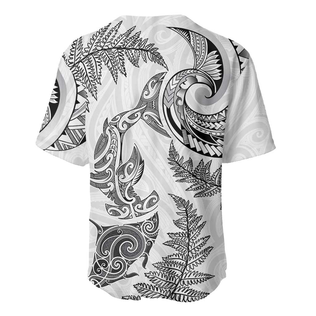 New Zealand Sea Animals with Maori Tribal Tattoo Baseball Jersey Shark Manta Ray with Silver Fern White
