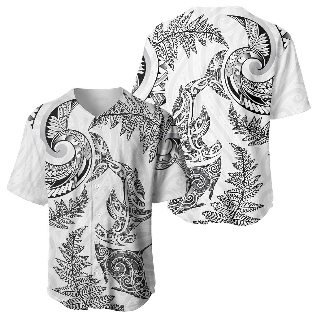 New Zealand Sea Animals with Maori Tribal Tattoo Baseball Jersey Shark Manta Ray with Silver Fern White
