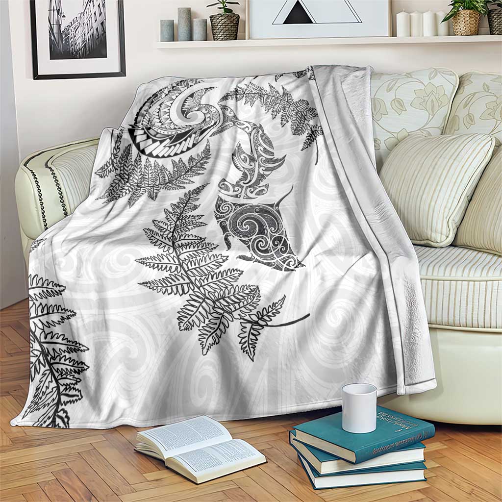 New Zealand Sea Animals with Maori Tribal Tattoo Blanket Shark Manta Ray with Silver Fern White